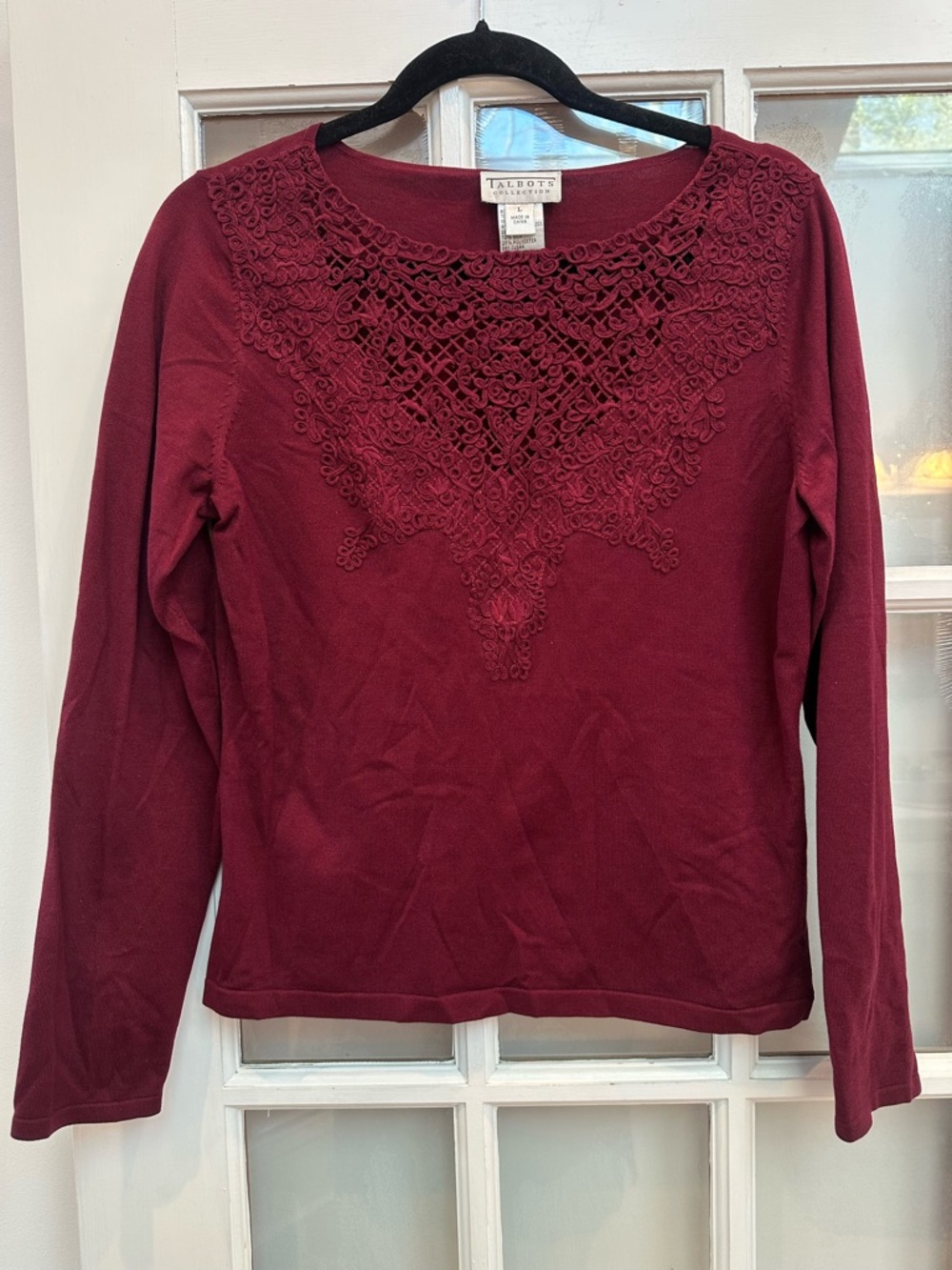 Vintage Talbots Collection Silk Long-Sleeve Embroidered Top Burgundy Size L